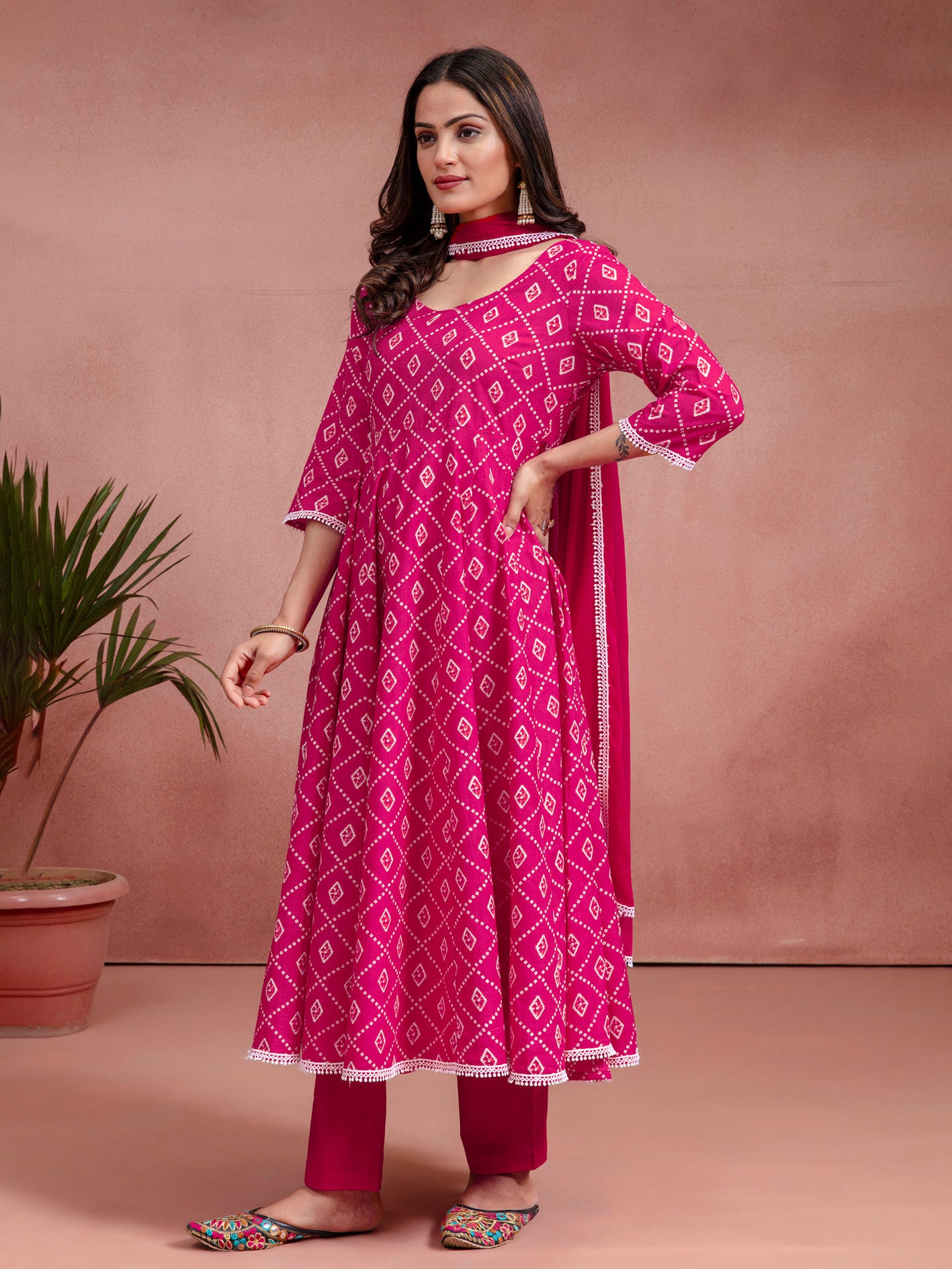Pink Cotton Flared Printed Kurta Set
